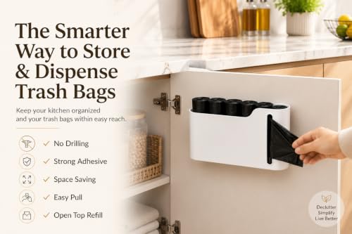 Image of Leawall Punch-Free Wall-Mounted Garbage Bag Storage Box - Plastic Kitchen and Household Drawable Trash Bag Dispenser,No-Drill Install Organizer for Kitchen,Bathroom and Office (1 Pc Holder + 3 Roll)