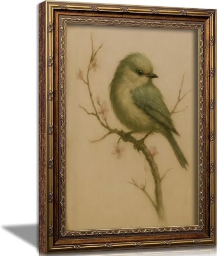 Kofeehic Vintage Gold Framed Bird Wall Art,Watercolor Cherry Blossom Canvas Print Poster, Farmhouse Beige Bird Painting Artwork,Rustic Aesthetic Wall Decor for Living Room Nursery Bedroom 9X11in