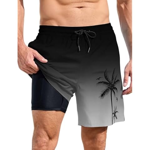 Lzzidou Men Swim Trunks with Compresssion Liner 7 Inch Inseam Board Shorts Bathing Suit with Zipper Pockets Black Grey Cover