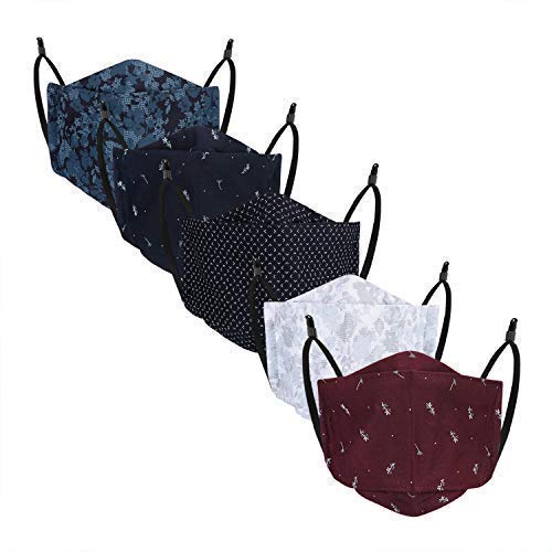 Cenwell 3D Cotton Face Mask, Reusable, Washable, Anti-Pollution Mask For Men,Women,Teens Printed Designer Mask with Adjustable Ear Loop and Ear Saver Strap - Pack of 5