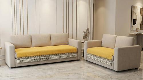 Image of Velvet Quilted Sofa Cover Mat Seat & Back, 3+2 Set, Total L115in H32in (3+2), Yellow Color,Anti Skid Backing, 6in Hanging Strap Design, Washable Soft, Anti, Style -Yellow-S32