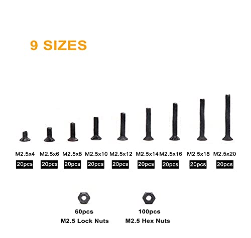 binifiMux 340pcs M2.5 Black Countersunk Flat Socket Cap Screws Hex Nuts Nylon Lock Nuts Assortment Kit 10.9 Grade Alloy Steel, M2.5 x 4mm/ 6mm/ 8mm/ 10mm/ 12mm/ 14mm/ 16mm/ 18mm/ 20mm - Thumbnail 3
