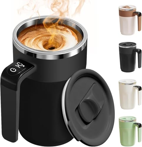 Générique Tasse à Café Auto-Mélangeante avec Affichage de Température - Tasse en Acier Inoxydable Rechargeable de 13.5 oz (380 ml) avec Couvercle, pour Café, Lait, Thé et Boissons Chaudes (Noir)