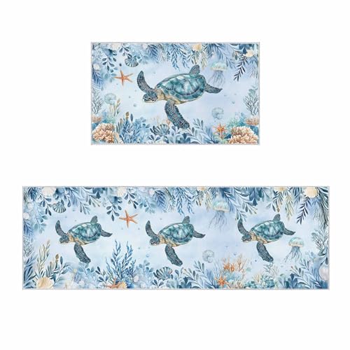 2 Pieces Kitchen Rugs and Mats,Nautical Ocean Turtle Coral Shell Jellyfish Area Runner Rug Set Non Slip Floor Doormat Washable Carpet Standing Mat for Kitchen Sink Indoor Corridor,Marine Life Plant