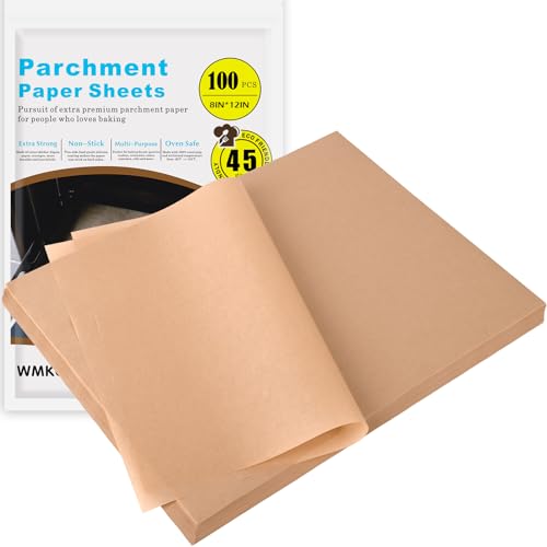 Image of WMKGG 100Pcs Unbleached Parchment Paper for Baking, 8 x 12 Inch | Parchment Paper Sheets Precut Heavy Duty for Cooking, Grilling, Air Fryer and Oven