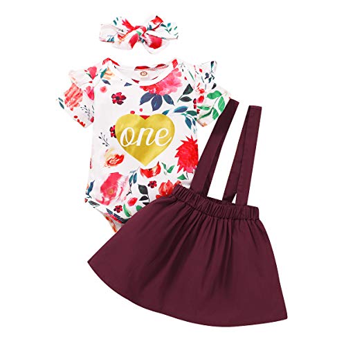 Newborn Baby Girl Clothes Toddler Short Sleeve Outfits Ruffle Romper Top Infant Suspender Skirt Headband 3pcs Girl Overall Dress 1st Birthday Party Photography Prop Deep Red Suspender 12-18 Months