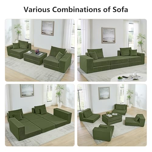 Image of L Shaped Boneless Couch Modular Sectional Sofa, Modern Cozy Corduroy Cloud Couch Loveseat with Ottoman, Memory Foam Convertible Sectional Sleeper Sofas for Living Room, Green