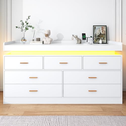Image of jiteentarou 7 Drawer Dresser with Charging Station and LED Lights, Modern Chest of Drawers with Power Outlet, Organizer Cabinet for Bedroom, Living Room, Entryway, White
