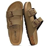 Litfun Women's Cork Footbed Sandal Summer Slip On Slide Sandals with Adjustable Buckle, Taupe Size 7.5