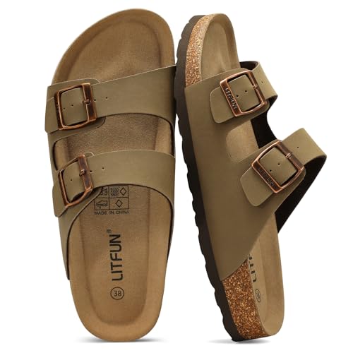 Litfun Women's Cork Footbed Sandal Summer Slip On Slide Sandals with Adjustable Buckle, Taupe Size 8-8.5