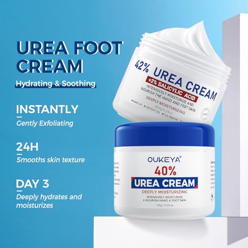 OUKEYA 40% Urea Foot Cream & 42% Urea + 2% Salicylic Acid Cream Set, Intensive Repair for Dry, Cracked Heels, Feet & Hands, Exfoliating & Deep Moisturising Treatment, 2 x 150g - Image 6