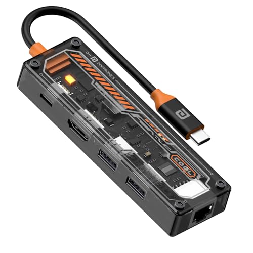 Image of Portronics MPort View One 5-in-1 USB Type-C USB Hub /Docking Station,Type-C PD&Data, USB 3.0 SuperSpeed,USB 2.0,RJ45 Ethernet, 4K@30Hz HDMI,Transparent Case for Laptop, PC & More (Black)