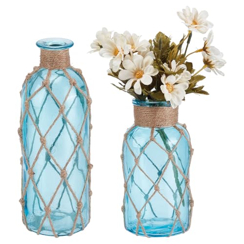 ACRNIGHEET 2Pack Coastal Style Glass Vases Set, Handcrafted Hemp Rope