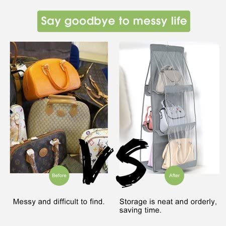 Image of 6 Pocket Hanging Handbag Organizer - Multi-Compartment Purse Storage with Adjustable Hooks - Space-Saving Closet Organizer for Handbags, Purses, Wallets - Durable, Home (2 Pcs Grey)