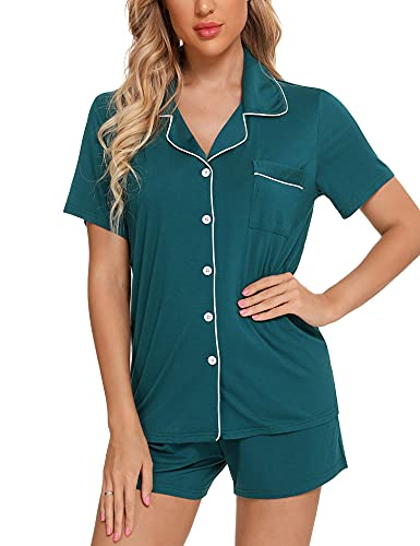 Image of Anjue Womens Pajamas Set Short Sleeve Sleepwear Button Down Nightwear Shorts Soft Pj Sets S-XXL