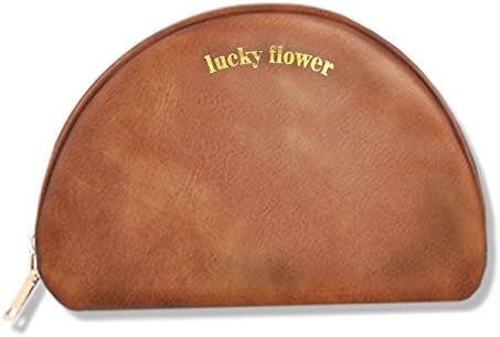 LUCKY FLOWER Cosmetic Bag Half Moon PU Leather Makeup Bag for Purse(Light Brown)