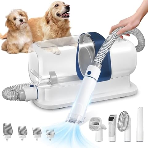 LMVVC Pet Grooming Kit, Dog Grooming Clippers with 2.3L Vacuum Suction 99% Pet Hair, Pet Grooming Vacuum Low Noise with 5 Pet Grooming Tools and 4 Clipper Guards for Dogs Cats (Blue & White) Cover