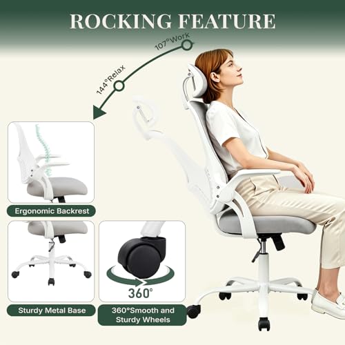 Image of Ergonomic Light Weight Office Chair, Comfy Desk Chair with Wheels, Work Chair with Adjustable Headrests, Flip-Up Armrests, Breathable Mesh Back, Small Computer Chair for Home Computer, Grey