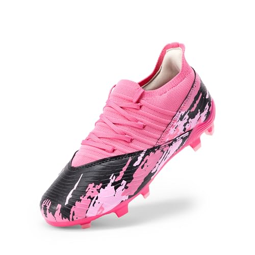 DREAM PAIRS Girls Boys Soccer Cleats Youth Firm Groud Outdoor Sports Athletic Mid-top Football Shoes for Little/Big Kid 10 Toddler Hot Pink/Black