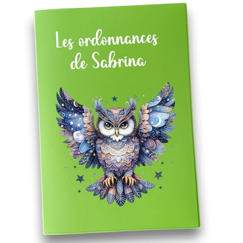 Protège Ordonnances Personnalisable, Étui PVC 16,5 x 23,5 cm, Motif Hibou Mystique, Rangement Cartes Vitale et Mutuelle (anis)
