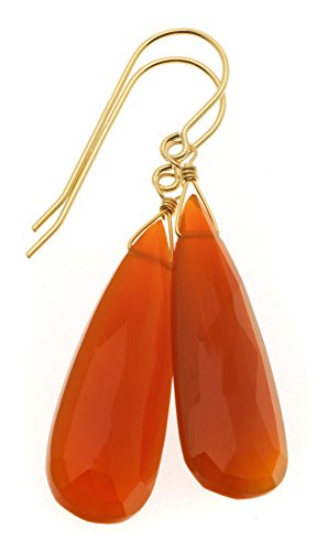 Carnelian Earrings Orange Chalcedony Faceted Large Long Teardrop Briolettes Simple Dangles