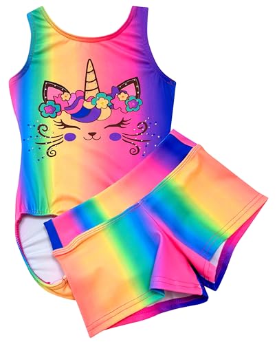 United All Around Toddler Girls Gymnastics Leotard with Shorts Set, Printed Designs, Stretch Performance Fabric (Rainbow Cat Unicorn, 5-6 Years)