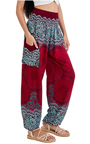 Joob Joob Boho Pants For Women - Loose Harem Pants Women - Hippie Pants - Casual Yoga Bohemian Joggers - Womens Flowy Pants - Comfy Lounge Pajamas - Summer Pants Hippie Clothes Red Medium #TOP2