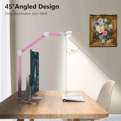 Image of Micomlan Led Desk Lamp with Base, Adjustable Tall Architect Desk Light for Home Office with Flexible Swing Arm, 24W Pink Bright Table Lamp Auto Dimming Computer Light for Workbench