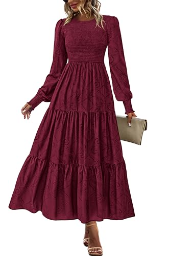 dowerme Maxi Dresses for Women 2025 Long Sleeve Floral Smocked A Line Polka Dot Flowy Boho Vacation Dress Fall Clothes
