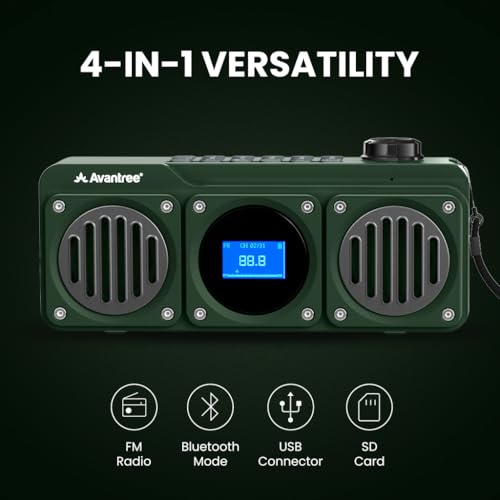 Avantree Boombyte - Przenośne radio FM z głośnikiem Bluetooth, mocny dźwięk, metalowe wykończenie, odtwarzacz MP3, Micro SD i USB audio, długi czas pracy, ładowalne, łatwe w użyciu - Zielony