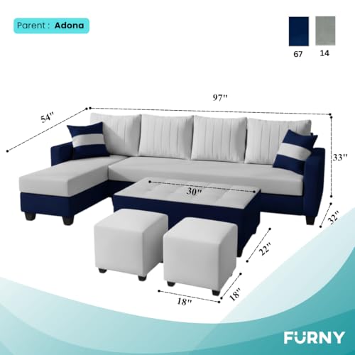 Image of FURNY Avenue 8 Seater Fabric LHS L Shape Sofa Set with 1 Centre Table & 2 Puffy (Light Grey-Dark Brown) Premium Velvet Finish