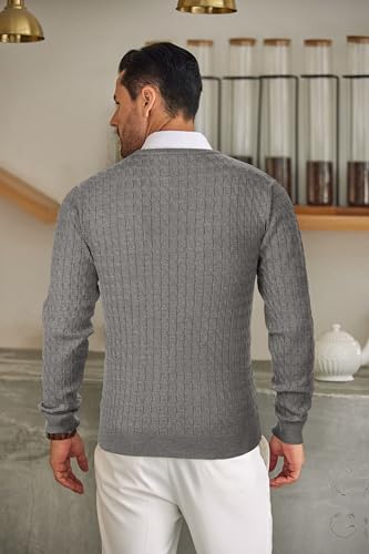 COOFANDY Men's Crewneck Cable Knit Sweaters Long Sleeve Lightweight Casual Twist Patterned Pullover Sweater B-Grey3