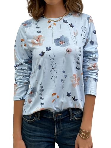 JUSTFASHIONNOW Womens Long Sleeve Tops Casual Shirts for Women Summer Flower Printed T Shirt Crewneck Floral Tee