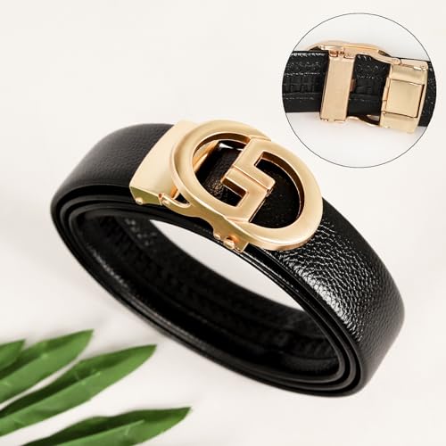 Image of Aurolran Men&Womens Leather Dress Belt Business Automatic Buckle Belt Color-Black Silver Gold