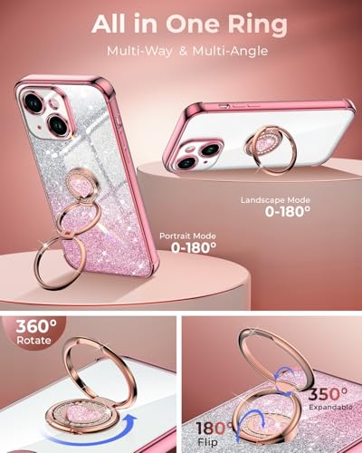 Image of XYZ for iPhone 14 Back Cover Case with Stand, Phone Case with Double Ring Kickstand, Women Girls Bling Luxury Glitter Clear Phone Case Cover Heart for iPhone 14, Rose Gold