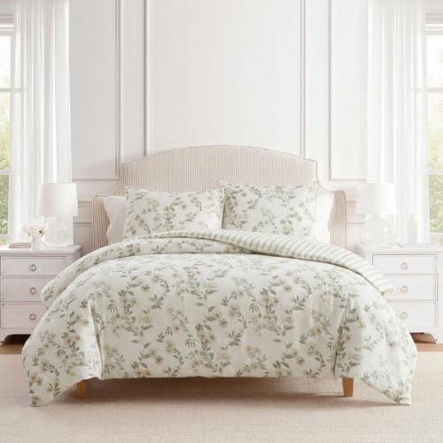 Image of Martha Stewart - Twin Comforter Set, Soft Cotton with Crisp & Tailored Naturally Smooth Cotton Percale Reverse, 2 Piece Bed Set with Matching Pillowcase (Hazel Floral Beige)