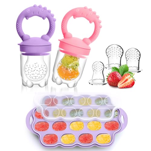Image of Silicone Baby Fruit Feeder & Breastmilk Popsicle Molds Freezer Tray with Lid, 2 Pack Baby Food Feeder to Teething Relief, Introduce New Foods, Self Feeding, Includes 6 Food Pacifiers (Purple+Pink)