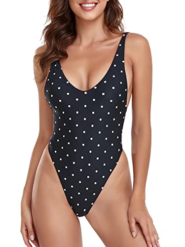 RELLECIGA Womens Black Polka Dot High Cut Low Back One Piece Thong Swimsuit for Women Size Medium