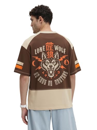 Image of crazymonk Lone Wolf Oversized T-Shirt-Brown & Beige