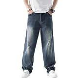 Picture of EnllerviiD Baggy Denim Jeans for Men Loose Fit Ripped Distressed Jean Wide Leg Hip Hop Skateboard Skater Dance Pants Dark Blue 029-34
