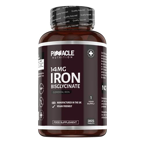 Iron Tablets 14mg - 365 Tablets (12 Months Supply) - High Strength Vegan Iron Bisglycinate Supplement - Reduces Tiredness and Fatigue - for Men & Women Made in UK