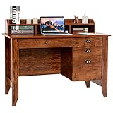 Tangkula Computer Desk with 4 Storage Drawers & Hutch, 48' Home Office Desk Vintage Desk with Storage File Drawer & Cable Management Hole, Wooden Executive Desk Writing Study Desk