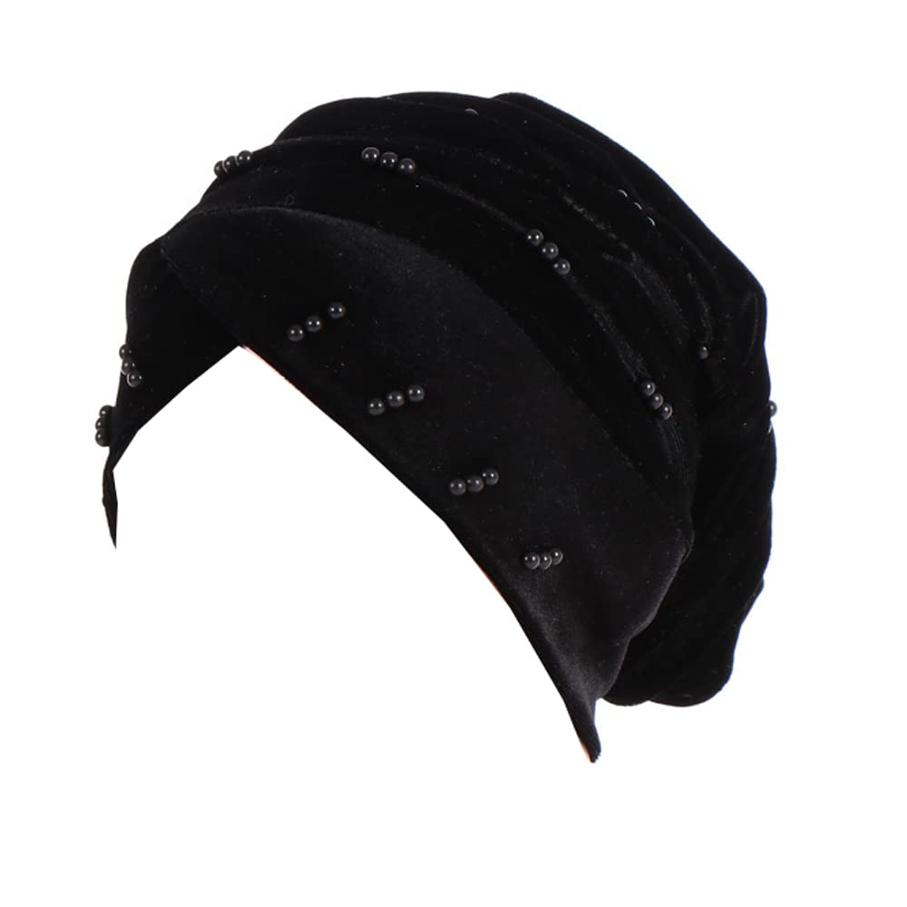 Jdyaoying Women's Black Turban Head Wrap Scarfs Velvet Pearl Headwear For Floral Beanie Cap Hair Cover Hat