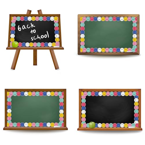 Image of Whaline 32.8ft Happy Face Bulletin Board Border Navy Blue Rose Pink Yellow Green Smile Face Die-Cut Rolled Border Trim for Back to School Chalkboard Wall Decoration