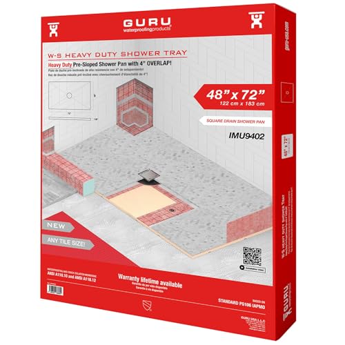 GURU USA W-S Heavy Duty Shower Tray for Square Drain, Bathroom Shower Pan Kit with Pre-Sloped Shower Base & Waterproofing Membrane, 48” x 72”, Four Slopes, Center Drain