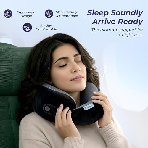 Image of Billebon Memory Foam Neck Pillow, Snake Shape Travel Pillow with Snap Button, Neck Pillow for Travelling & Flight Travel, Ergonomic Support for Comfort & Pain Relief(Black Single)