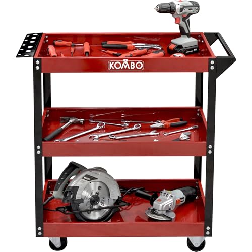KOMBO - Carrello Portautensili Officina a 3 Ripiani in Acciaio Verniciato, 81x35x80 cm, Portata 150 kg, con Maniglia, Porta Cacciaviti e Ruote 3” – Rosso/Nero