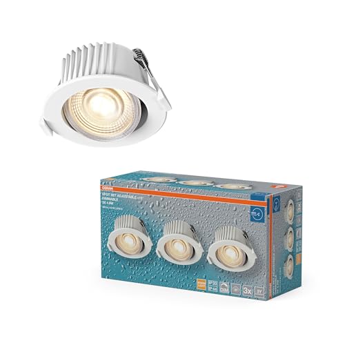 Osram Spot Set LED Einbaustrahler DIM IP44 4,9W Weiß, 3er Set Badezimmer dimmbar schwenkbar, warmweiß 2700K