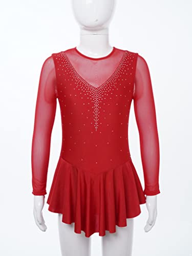 Yuumin Girls Long Sleeves Figure Ice Skating Dress Kids Leotard Roller Skating Rhinestones Sheer Mesh Ballet Dance Dress Burgundy 16 Years #TOP2