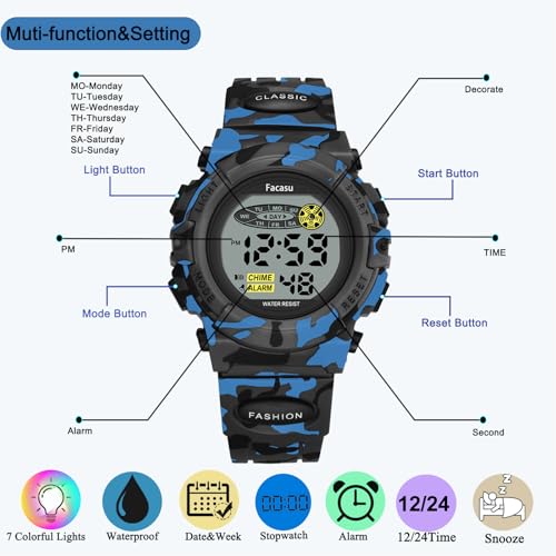 Image of Kids Watch Digital for Boys-Waterproof Kids Sports Watch with Light, Alarm&Snooze,Stopwatch Military Design Silicone Band Gift for Birthdays,Christmas Outdoor Activities(8+ Years)